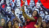 Spain's Jennifer Hermoso holds the trophy as they celebrate on stage their Women's World Cup victory in Madrid, Spain.