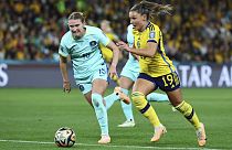 Sweden's Johanna Kaneryd, right, and Australia's Clare Hunt during the Women's World Cup third-place playoff between Australia and Sweden in Brisbane, Australia, Aug. 19, 2023