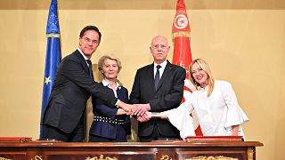 From left to right: Dutch Prime Minister Mark Rutte, European Commission President Ursula von der Leyen, Tunisian President Kais Saied, Italian Prime Minister Giorgia Meloni.