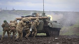 Ukrainian soldiers during training at the frontline in Donetsk region, Ukraine, Saturday, April 15, 2023.