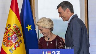 EU Commission President Ursula von der Leyen, left, and Spain's Prime Minister Pedro Sánchez in Madrid, Spain, July 3, 2023.